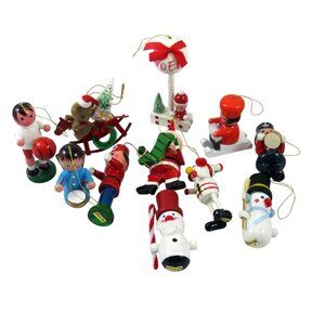 11 Wooden Ornaments Santa Sled Drummer Boy Snowman Soldier Vintage Taiwan